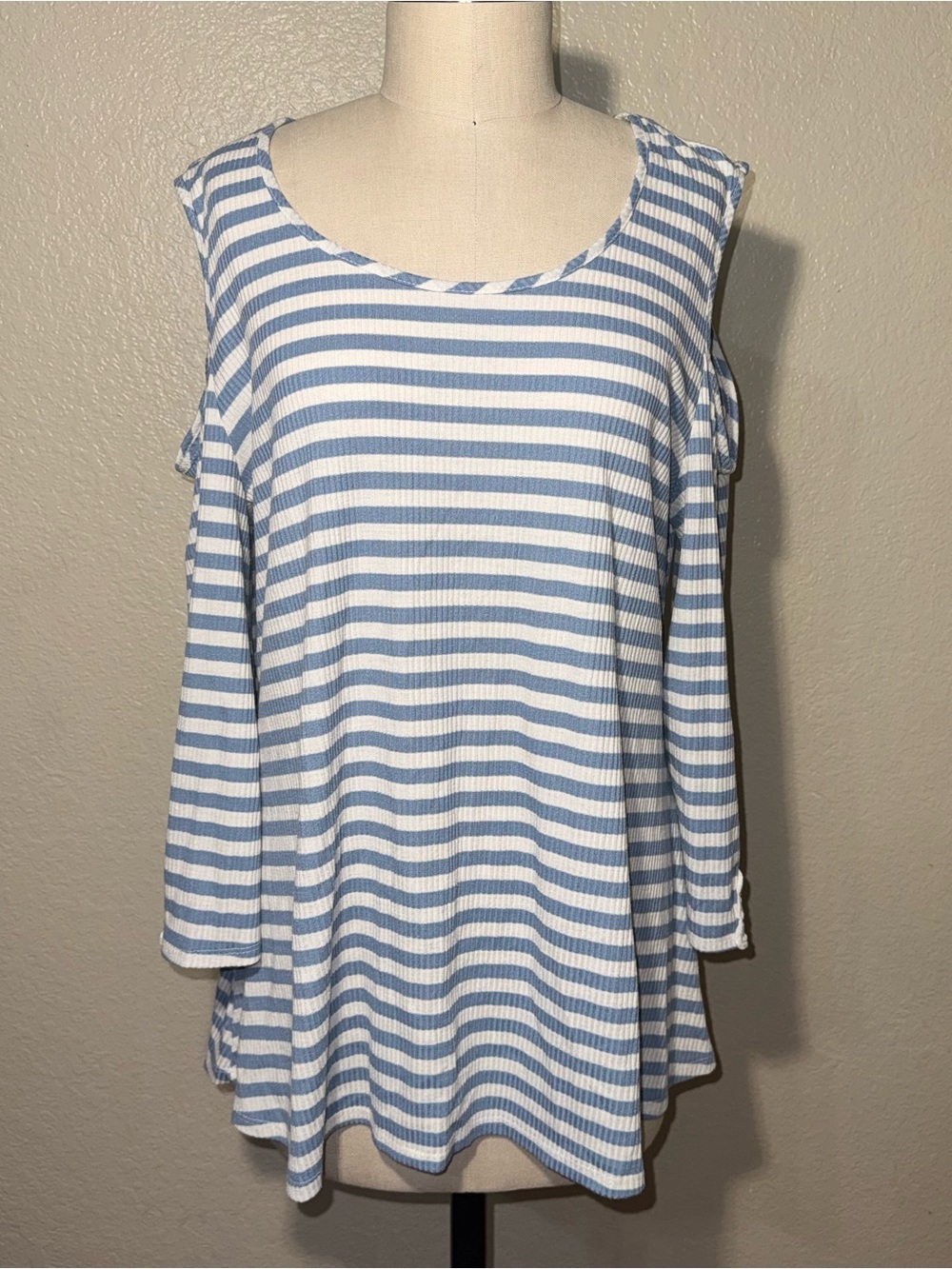 Hannah XL Coastal Stripe Cold Shoulder Crochet Boho Top Blue White